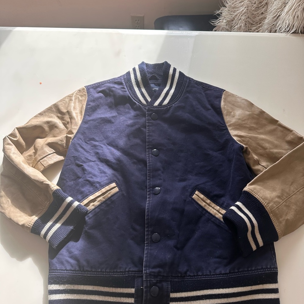 GAP boys Navy and Tan Varsity Jacket
